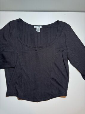Bozzolo Black Ribbed Scoop-Neck Long Sleeve Top